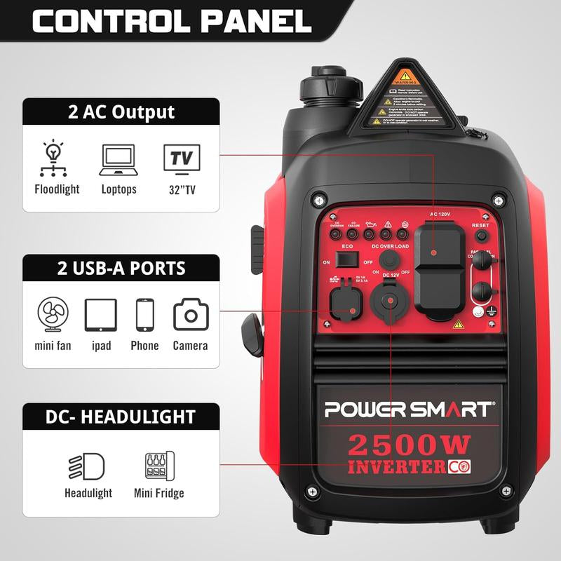 Powersmart 2500W Inverter Gas Generator ,39-Pound RV Ready Outdoor Generator, Parallel Capability, Quiet Generator for Home Use,Camping,Weather Resistant,Low Fuel Consumption,Portable,Quiet Operation,Outdoor Use, Hurricane,Emergency,Springtok(Hb5020C)